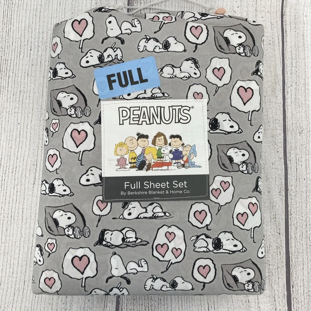 Peanuts Snoopy Sheet Set FULL Gray Sleeping Hearts Love Valentines Berkshire
